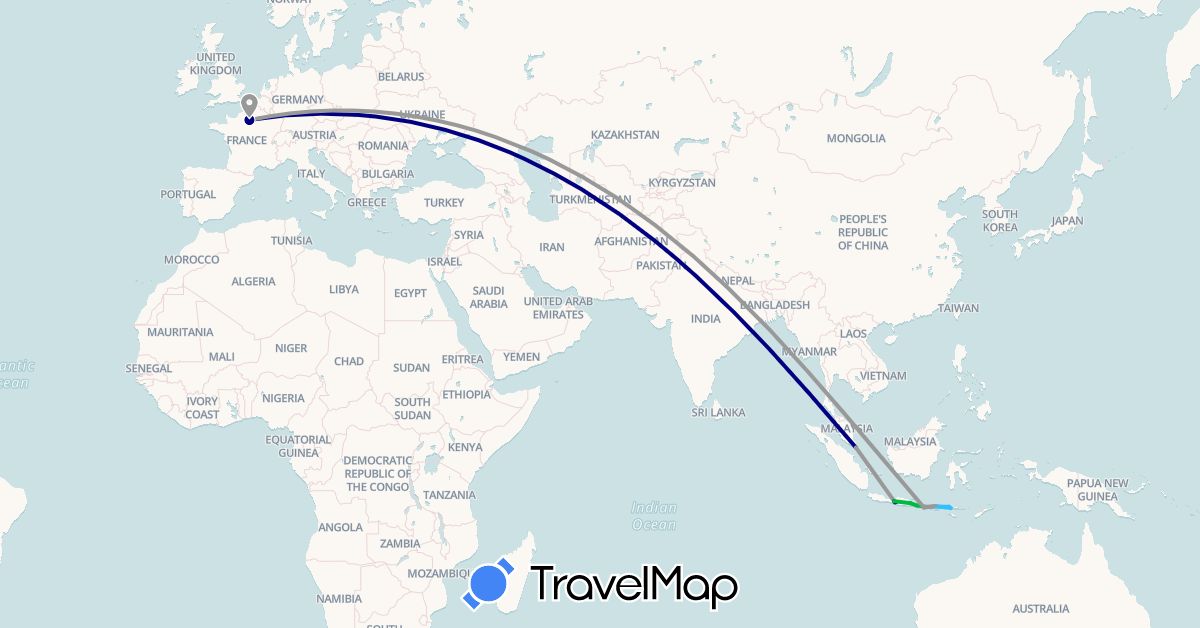 TravelMap itinerary: driving, bus, plane, boat in France, Indonesia, Singapore (Asia, Europe)